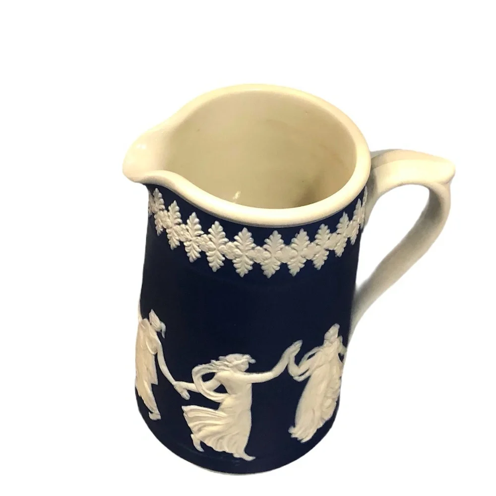 DUDSON HANLEY JASPERWARE BLUE WITH WHITE RAISED RELIEF NEOCLASSICAL PITCHER